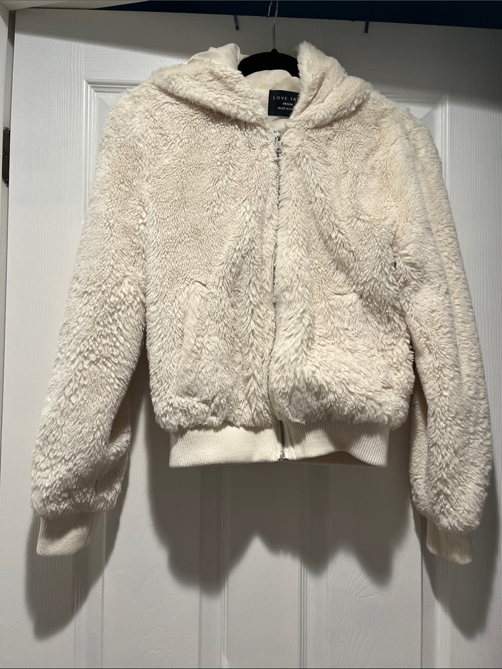 Love Tree Cream Hooded Faux Fur Teddy Jacket